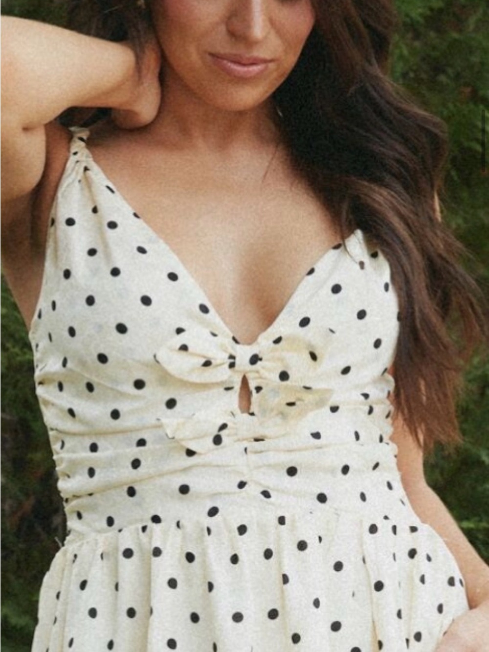Aureum Ruched Polka Dot Midi Sun Dress with Bows on Front
